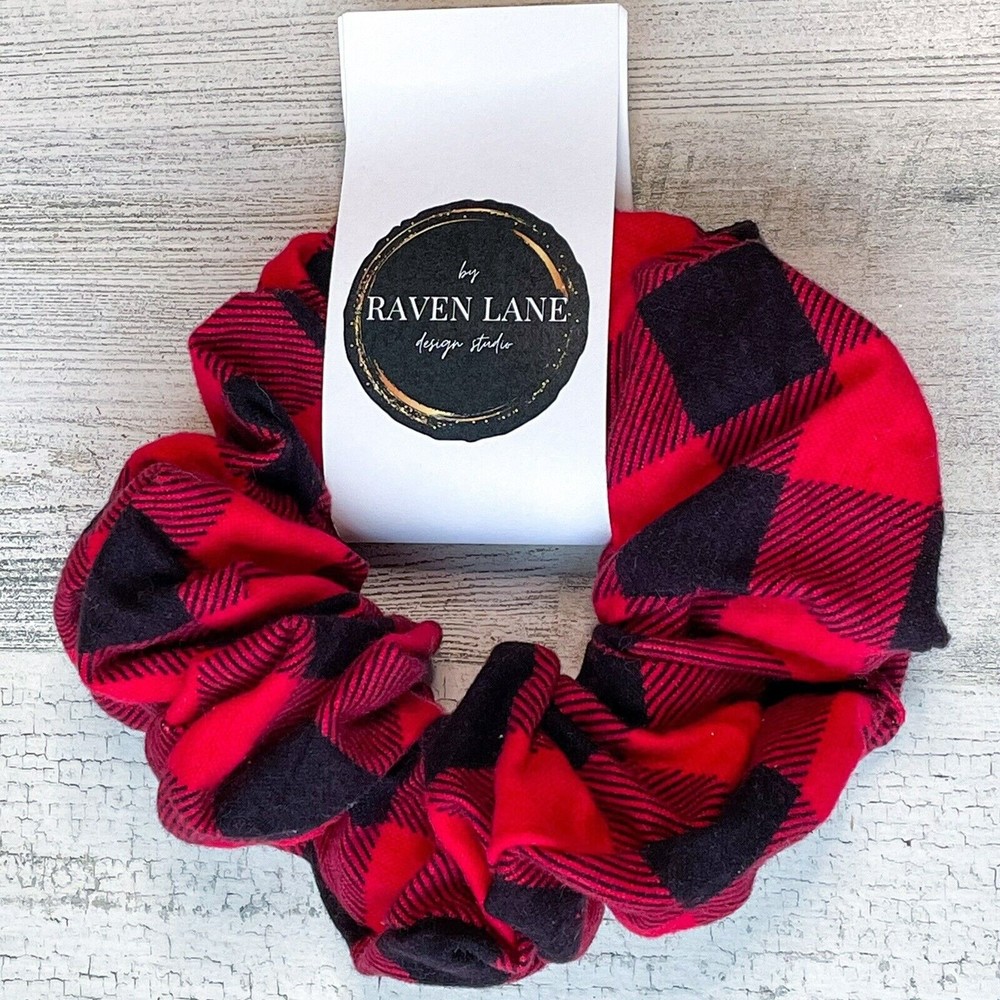 Red Buffalo Flannel Scrunchie | Big Scrunchies Fashion Hair Ties Large Volume